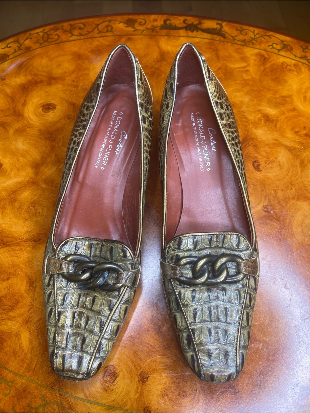 Donald J. Pliner Metallic Olive Croc-Embossed Leather Loafers with Chain Detail